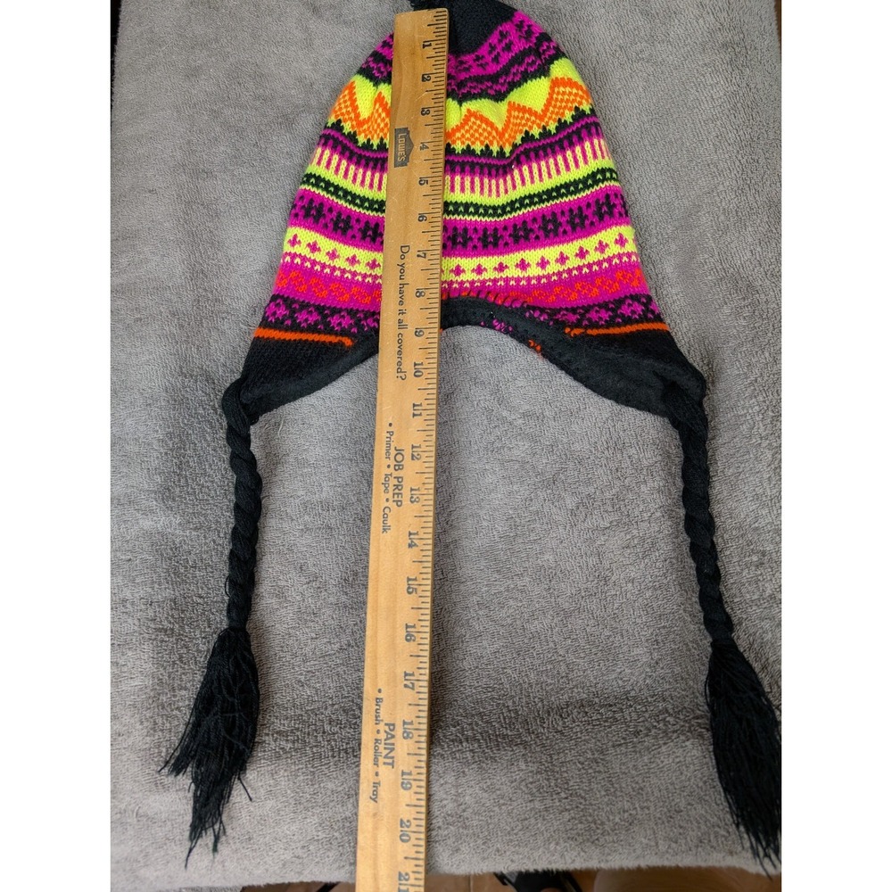 Neon Yellow Pink Black Knitted Braided‎ Earflap Beanie Hat Fleece Lined Snow